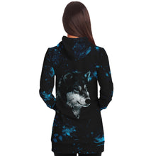Load image into Gallery viewer, Blue Wolf Longline Hoodie for WomenSeves-ArtBlue Wolf Longline Hoodie