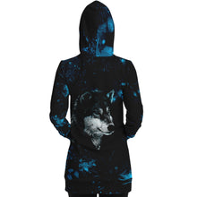 Load image into Gallery viewer, Blue Wolf Longline Hoodie for WomenSeves-ArtBlue Wolf Longline Hoodie
