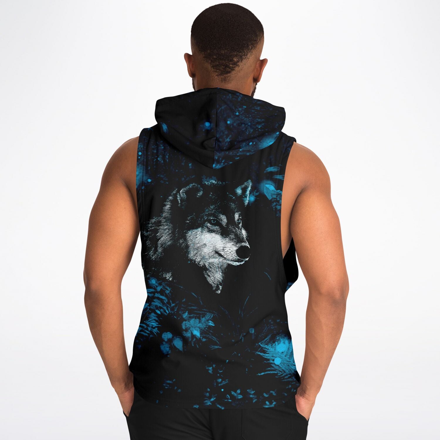 Fashion Blue Wolf Drop Armhole Hoodie for MenSeves-ArtFashion Blue Wolf Drop Armhole Hoodie