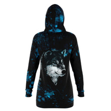 Load image into Gallery viewer, Blue Wolf Longline Hoodie for WomenSeves-ArtBlue Wolf Longline Hoodie
